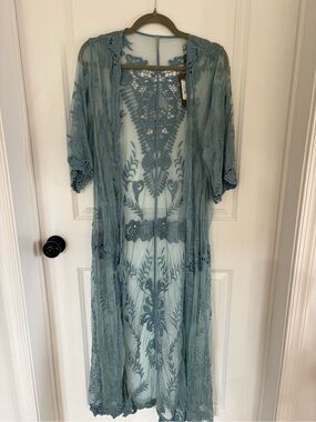 NWT Delicate Lace-Embroidered Sheer Duster - Dusty Blue